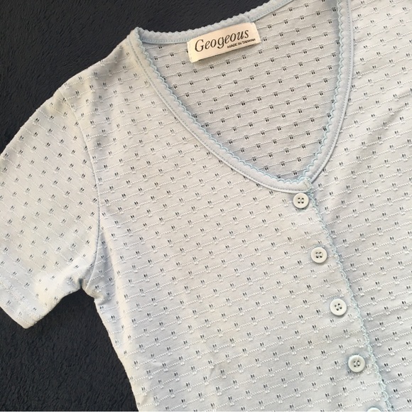 Baby Blue Pointelle Button-up Tee - Picture 1 of 7